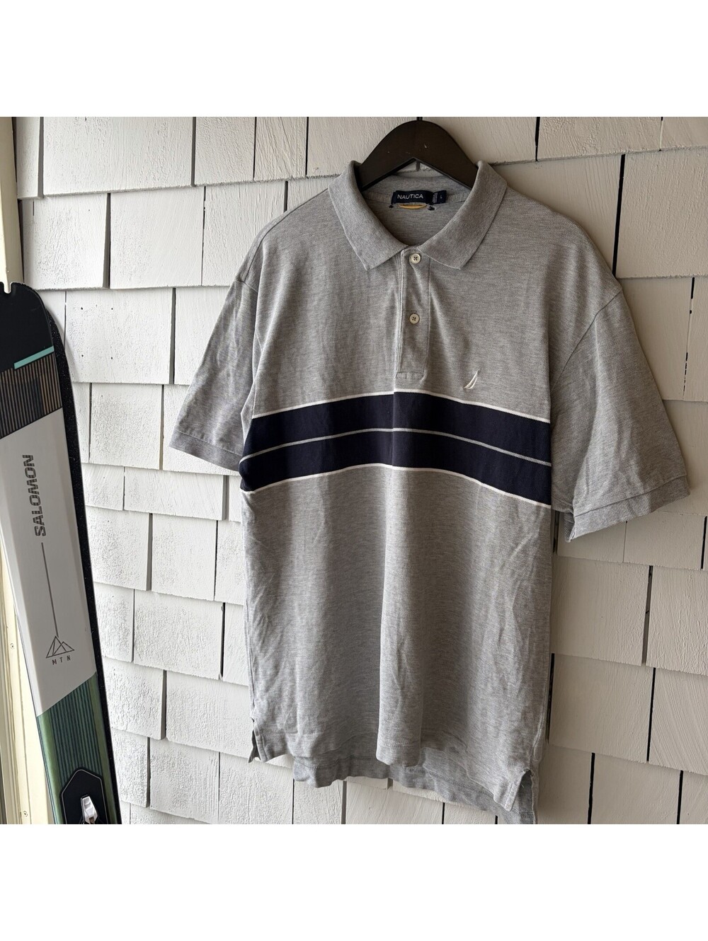 Y2K Nautica Chest Stripe Polo Shirt Mens L Gray Navy